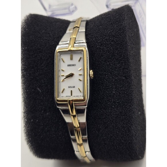Seiko Solar Tank Ladies' 15mm Watch White Dial Two Tone V116-0Ah0. Runs Well. 6" - Picture 2 of 9